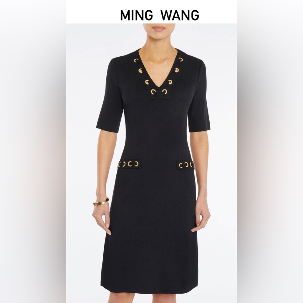 MING WANG Laced Grommet Trim Soft Knit  Dress ,In Blue Color. Size XS
